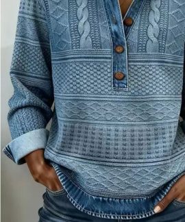 Áo dệt kim cổ bẻ phối vải denim