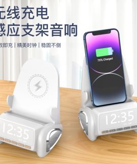 Đế Sạc Không Dây Kiêm Giá Đỡ Điện Thoại 3 Trong 1, Kèm Loa Bluetooth Và Đồng Hồ Để Bàn, Sạc Nhanh, Dùng Cho Bàn Làm Việc