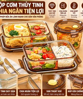Hộp cơm thủy tinh chịu nhiệt chia ngăn – dùng được lò vi sóng, nắp đậy kín chống tràn