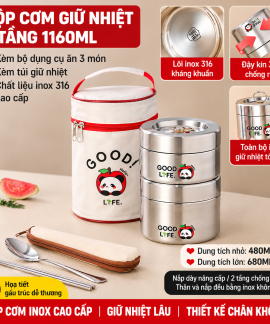 Hộp cơm giữ nhiệt inox 316 nhiều tầng – họa tiết gấu trúc, kèm túi giữ nhiệt
