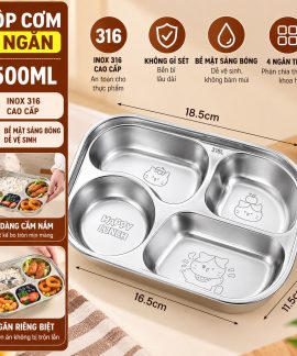 Khay cơm inox 316L chia ngăn cho bé – kháng khuẩn, tặng nắp và thìa